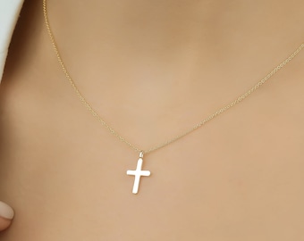 14K Solid Yellow Gold Cross Necklace, Crucifix Cross Necklace, Small Cross Necklace, Minimalist Cross Necklace, Baptism Gift, Cross Pendant