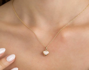 14K Yellow Gold Puffed Heart Necklace, Pink Puffed Heart Necklace, Heart Pendant, Minimalist Heart Necklace, Valentines Days Gifts