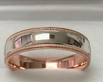 6mm 10K 14K 18K Solid White and Rose Gold Wedding Band, Milgrain Shiny Finish Mens and Womens Wedding Rings, Two Tone Gold Wedding Bands
