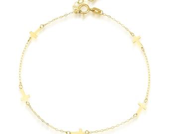 14K Solid Yellow Gold Small Cross Bracelet, Minimalist Cross Bracelet, Dainty Cross Bracelet, Gold Bracelet, Station Cross Bracelet