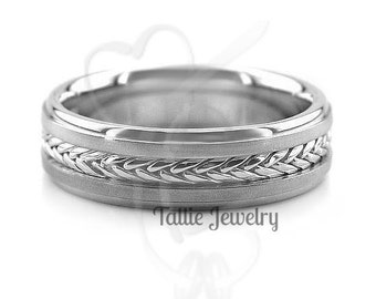 10K 14K 18K Solid White Gold Mens Wedding Bands,  Braided Mens Wedding Rings, White Gold Wedding Band