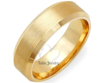 6mm 10K 14K 18K Yellow Gold Wedding Bands, Satin Finish Beveled Edge Mens and Womens Wedding Rings, Mens Wedding Bands, His and Hers Rings