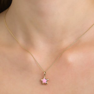 Star Necklace, 14K Yellow Gold Puffed Star Necklace, Puffed Star Necklace, Pink Star Pendant, Minimalist Star Necklace, Gifts for Her