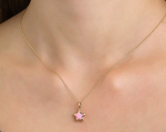 Star Necklace, 14K Yellow Gold Puffed Star Necklace, Puffed Star Necklace, Pink Star Pendant, Minimalist Star Necklace, Gifts for Her