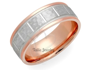 Hammered Finish Two Tone Gold Wedding Bands, 7mm 14K White and Rose Gold Mens Wedding Rings, Two Tone Mens Wedding Bands