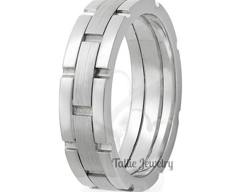 Mens White Gold Wedding Bands, 6mm 10K 14K 18K Solid Gold Mens Wedding Ring, Shiny Finish and Satin Finish Mens Wedding Band