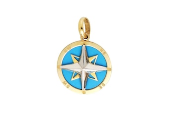 14K Yellow Gold Turquoise Compass Necklace, Turquoise Compass Pendant, Compass Charm , North Star Necklace