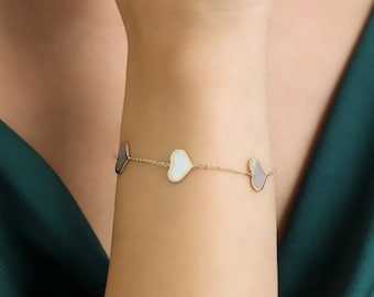 14K Yellow Gold Heart Bracelet, Mother of Pearl Heart Station Bracelet, Heart Bracelet, Love Bracelet, Valentines day Gifts