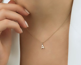 14K Solid Yellow Gold Initial Necklace, Letter Necklace, Gold Initial Pendant, Letter A Necklace, Gold Necklace