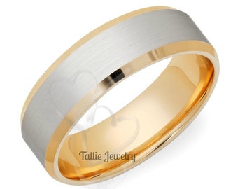 7mm 10K 14K 18K White and Yellow Gold Mens Wedding Band, Beveled Edge Satin Finish Mens Wedding Rings, Two Tone Gold Wedding Bands
