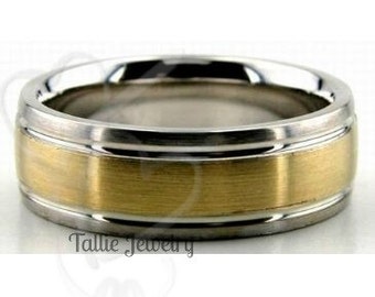 7mm 10K 14K 18K White and Yellow Gold Mens Wedding Bands, Satin Finish Mens Wedding Rings, Two Tone Gold Wedding Bands