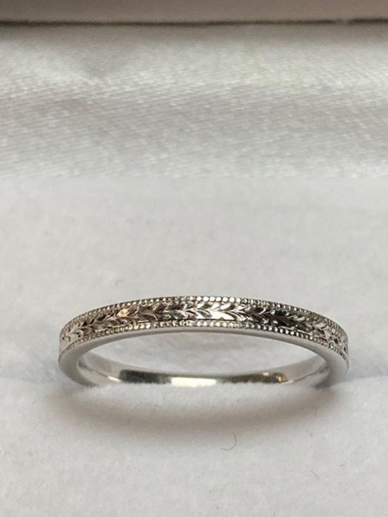 Hand Engraved Wedding Band 10K 14K 18K Solid White Gold Mens Womens Wedding Bands Hand Engraved Wedding Ring Thin Wedding Ring