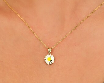 14K Yellow Gold Daisy Flower Necklace, Enamel Daisy Flower Necklace, Minimalist Daisy Flower Pendant, Daisy Charm, Daisy Necklace