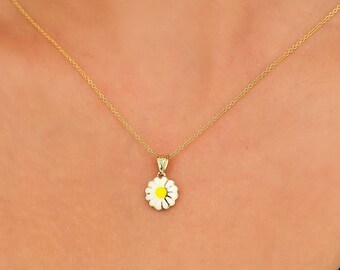 14K Yellow Gold Daisy Flower Necklace, Enamel Daisy Flower Necklace, Minimalist Daisy Flower Pendant, Daisy Charm, Daisy Necklace, Flower