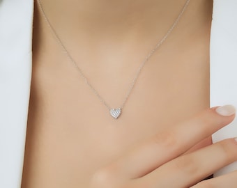 14K Solid White Gold Diamond Heart Necklace, Small Diamond Heart Necklace, Minimalist Heart Necklace, Diamond Necklace