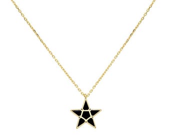 14K Solid Yellow Gold Star Necklace, Black Enamel Star Necklace, Minimalist Star Necklace, Black Star