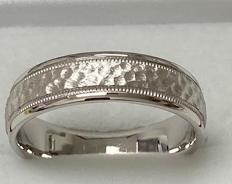 Hammered Finish Mens Wedding Bands, 6mm 10K 14K 18K Solid White Gold Mens Wedding Rings, Milgrain, Comfort Fit