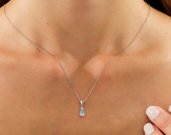 14K Solid Yellow  Gold Diamond and Oval  Blue Topaz Solitaire Necklace