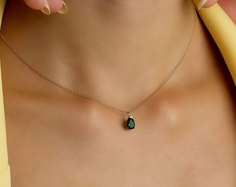 Emerald Solitaire Necklace, 14K Solid Yellow Gold Emerald Necklace, Pear Shape Emerald Necklace, May Birthstone, Green Emerald, Gemstone