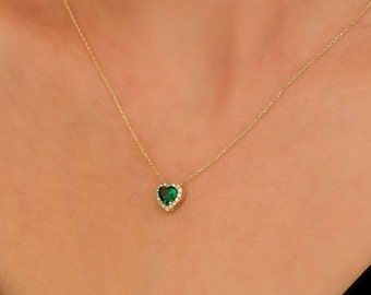 Emerald Necklace, 14K Yellow Gold Emerald Solitaire Necklace, Heart Shape Emerald Necklace, Diamond CZ Emerald Necklace, May Birthstone