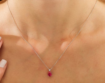 Ruby Necklace, 14K Solid White Gold Ruby and Diamond Solitaire Necklace ,Pear Shape Ruby and Diamond Necklace ,July Birthstone
