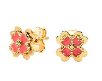 14K Solid Yellow Gold Clover Earrings, Pink Daisy Flower Earrings, Stud Earrings