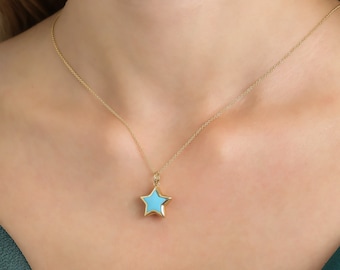 14K Yellow Gold Turquoise Puffed Star Necklace, Puffed Star Pendant, Minimalist Star Necklace, Turquoise Necklace