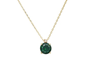 14K Solid Yellow Gold Emerald Necklace, Diamond Solitaire Necklace, Round Emerald Necklace, Diamond Necklace, Green Emerald, May Birthstone