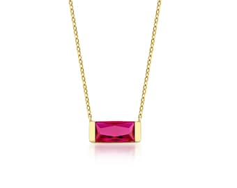 Baguette Ruby Necklace, 14K Solid Yellow Gold Ruby Solitaire Necklace, Dainty Ruby Necklace, July Birthstone, Gemstone Necklace