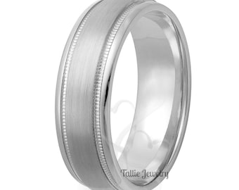 Mens Platinum Wedding Bands,  Platinum Mens Wedding Rings, 7mm Milgrain Satin Finish Platinum Wedding Band, Platinum Wedding Ring