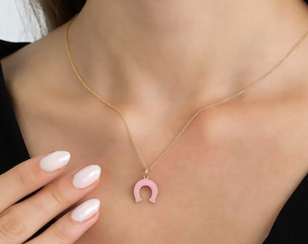 Horseshoe Necklace, 14K Solid Yellow Gold Pink Horseshoe Necklace, Horseshoe Pendant, Good Luck Necklace, Horseshoe Charm, Gold Necklace