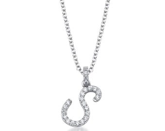 14K Solid White Gold Diamond Initial Necklace, 0.25 Carat Lab Grown Diamond Letter Necklace, Script Letter S Necklace