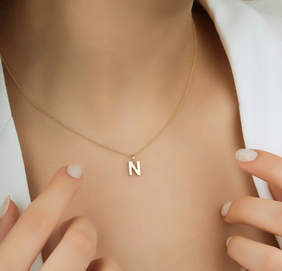 14K Solid Yellow Gold Initial Necklace 