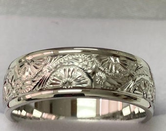 7mm 10K 14K 18K Solid White Gold Hand Engraved Mens Wedding Bands, Hand Engraved Mens Wedding Rings, Hand Engraved Ring