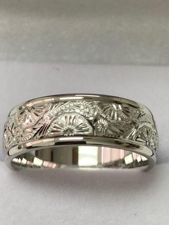 14K White Gold Wedding Ring Hand Engrave Hawaiian Heritage Design