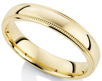 Mens Yellow Gold Wedding Bands, Dome Milgrain Mens Womens Wedding Ring, 4mm 10K 14K 18K Solid Yellow Gold Mens Wedding Rings