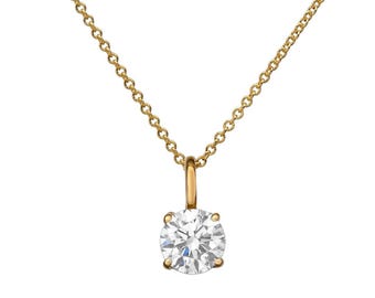 14K Solid Yellow Gold 1 Carat Round Lab Grown Diamond Solitaire Necklace, Diamond Solitaire Pendant