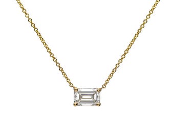 14K Solid Yellow Gold 1 Carat Emerald Cut Lab Grown Diamond Solitaire Necklace, Diamond Solitaire Pendant