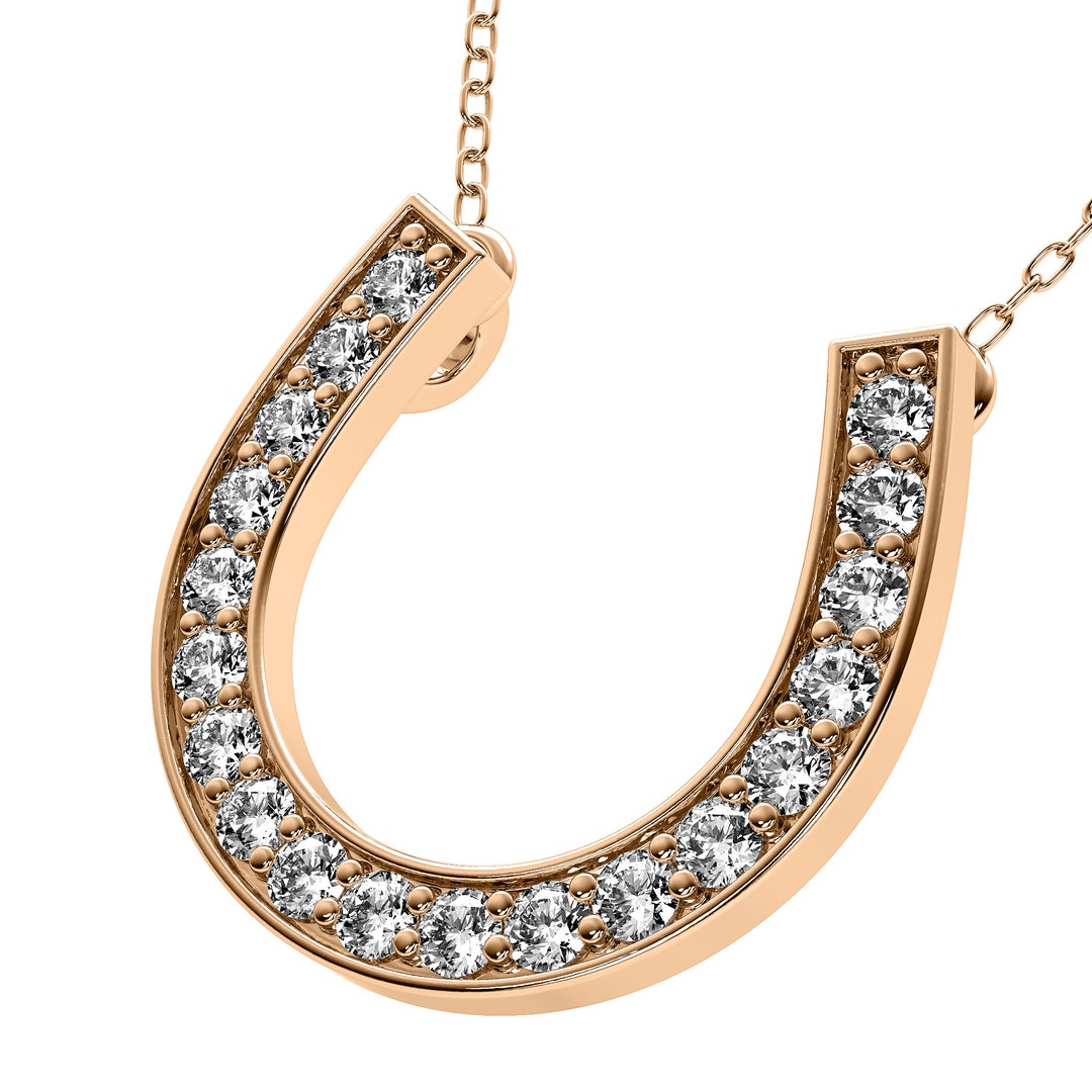 Diamond Horseshoe Necklace, 14K Solid Rose Gold Diamond Horseshoe