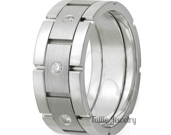 14K Solid White Gold Mens Wedding Band,  Diamond Mens Wedding Ring