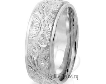 Platinum Hand Engraved Mens Wedding Bands , Platinum Hand Engraved Mens Wedding Rings, Platinum Wedding Band,  Platinum Wedding Ring