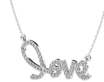 14K Solid White Gold Love Necklace, 0.85 Carat Natural Diamond Love Necklace, Valentines Day Gifts , Diamond Necklace