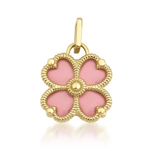 14K Solid Yellow Gold Four Leaf Clover Necklace, Pink Enamel Four Leaf Clover Necklace, Good Luck Charm, Four Leaf Pendant