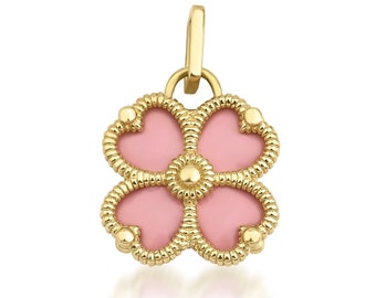 14K Solid Yellow Gold Four Leaf Clover Necklace, Pink Enamel Four Leaf Clover Necklace, Good Luck Charm, Four Leaf Pendant