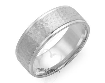 Mens White Gold Wedding Bands,8mm 10K 14K 18K Solid Gold Mens Wedding Ring, Hammered Finish Mens Wedding Band