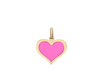 14K Solid Yellow Gold Heart Necklace, Pink Heart Necklace, Minimalist Heart Necklace, Pink Heart Pendant, Heart Charm