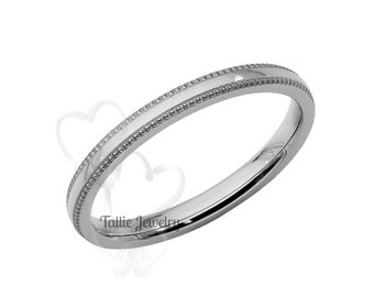 Mens and Womens Platinum Wedding Band, 2mm Plain  Dome Milgrain Platinum Wedding Ring, His and Hers Platinum Wedding Bands