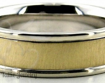 Two Tone Mens Wedding Band, Brushed Finish Mens Wedding Ring, 6mm 10K 14K 18K Solid White and Yellow Gold Wedding Bands