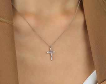 Diamond Cross Necklace, 14K Solid White Gold Natural Diamond Cross Necklace, Minimalist Cross Necklace, Small Cross Necklace, Cross Pendant