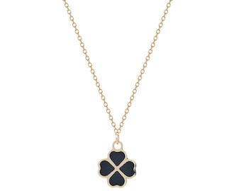 14K Solid Yellow Gold Onyx Four Leaf Clover Necklace, Minimalist Onyx Clover Necklace, Small Irish Clover Necklace, Good Luck Necklace